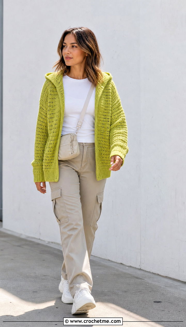 Hooded Crochet Waffle Stitch Cardigan With Cargo Pants - 25 crochet waffle stitch cardigan outfit ideas