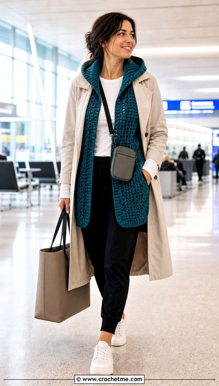 Hooded Crochet Waistcoat With Joggers And A Trench Coat - 15 easy crochet waistcoat outfit ideas