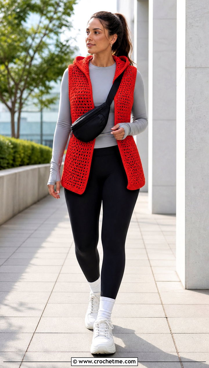 Hooded Crochet Waistcoat With Leggings - 35 crochet waist coat outfit ideas