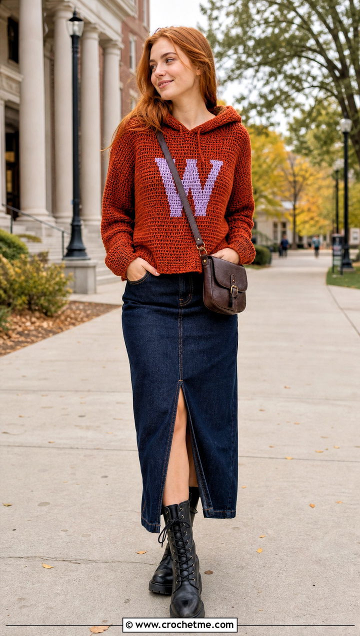 Hooded Crochet Weasley Sweater With Maxi Denim Skirt - 35 crochet weasley sweater outfit ideas
