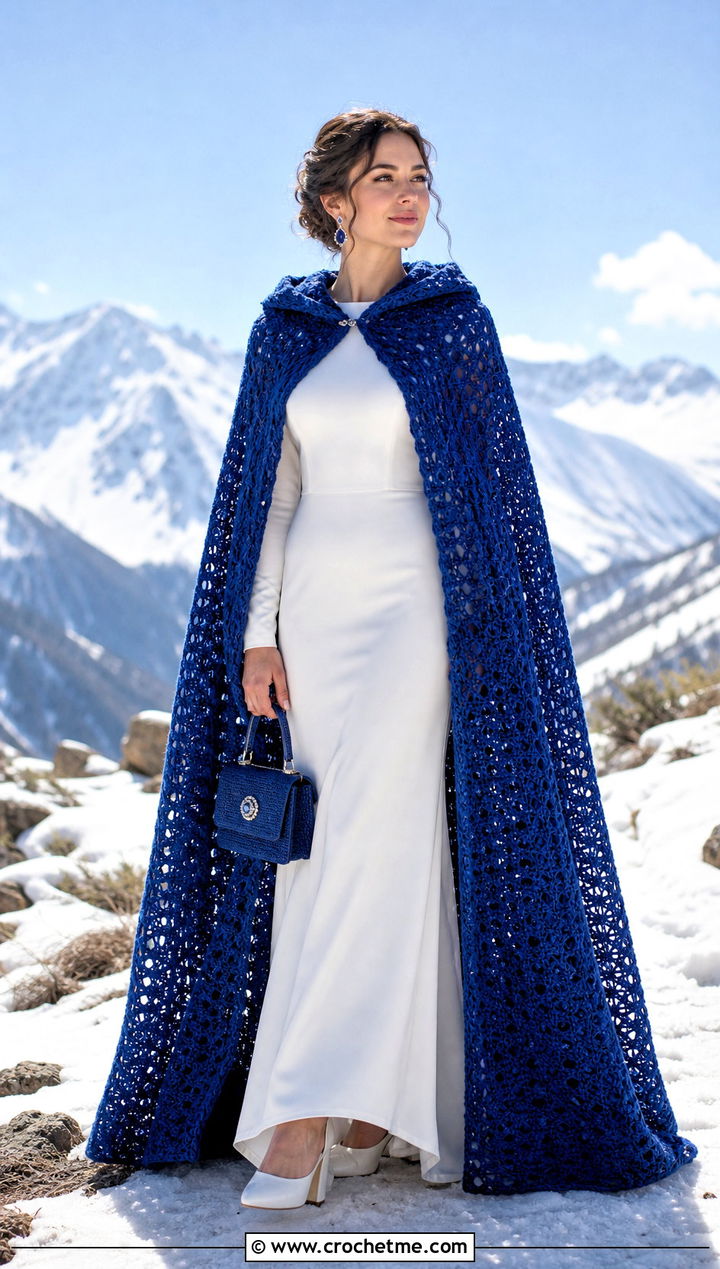 Hooded Crochet Wedding Cape With Long Sleeve Gown - 25 Crochet Wedding Cape outfit ideas