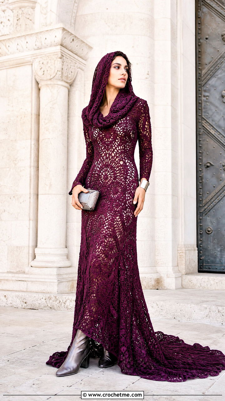 Hooded Crochet Wedding Gown With Metallic Boots - 35 crochet wedding dress outfit ideas
