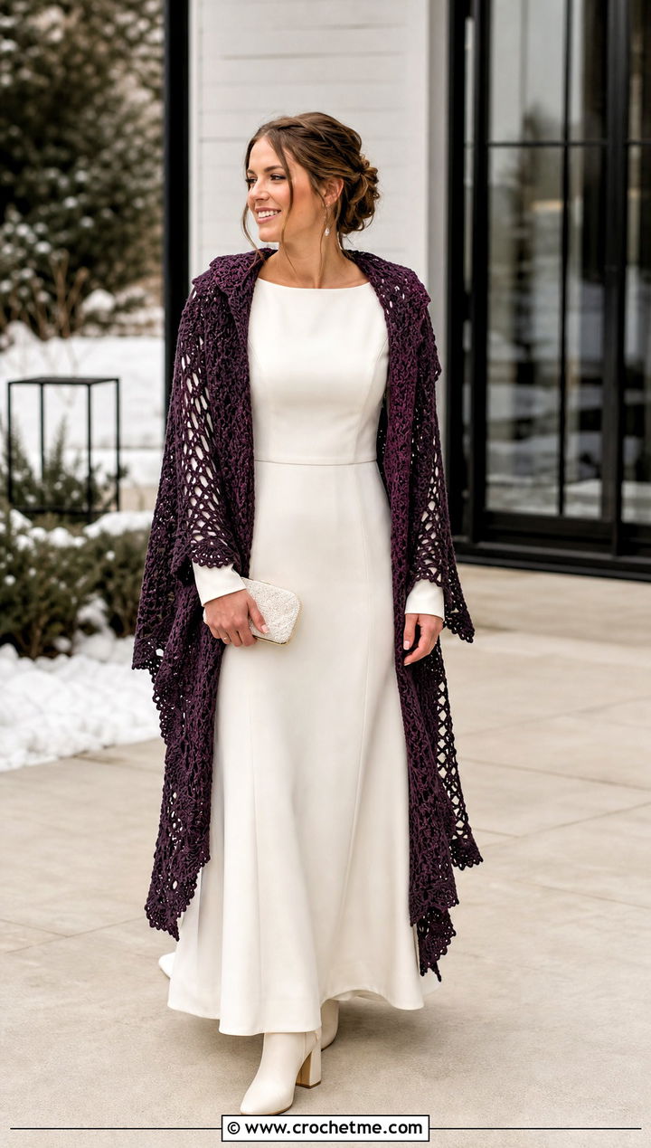 Hooded Crochet Wedding Shawl With Long Sleeve Gown - 35 crochet wedding shawl outfit ideas