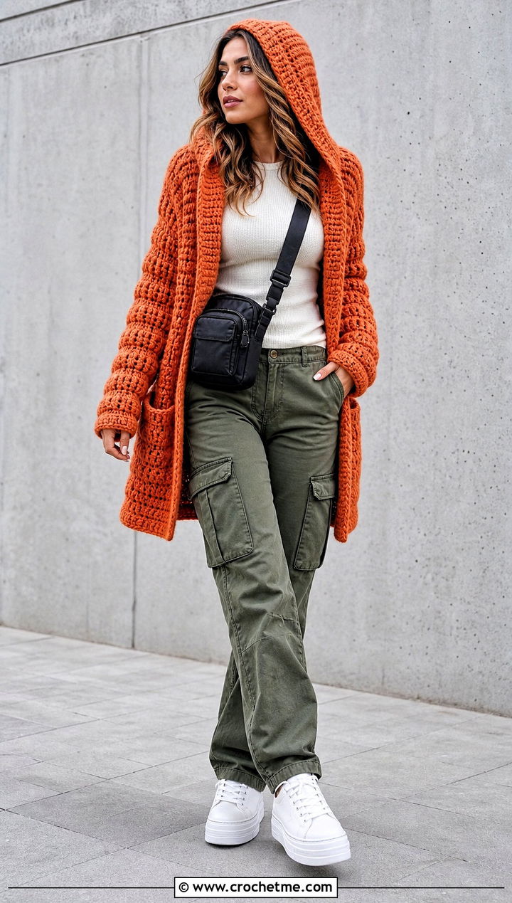 Hooded Crochet Winter Cardigan With Cargo Pants - 25 crochet winter cardigan outfit ideas