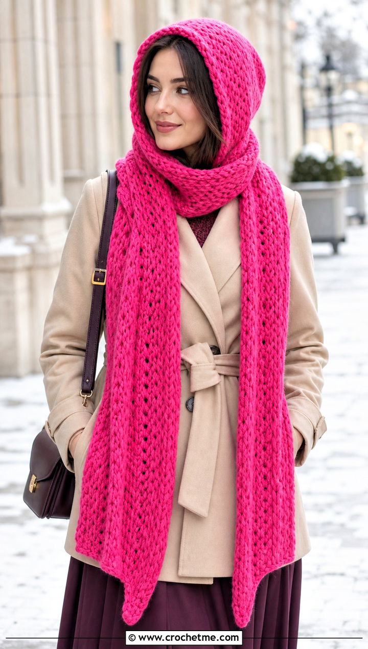 Hooded Crochet Winter Scarf With Trench Coat - 35 crochet winter scarf outfit ideas