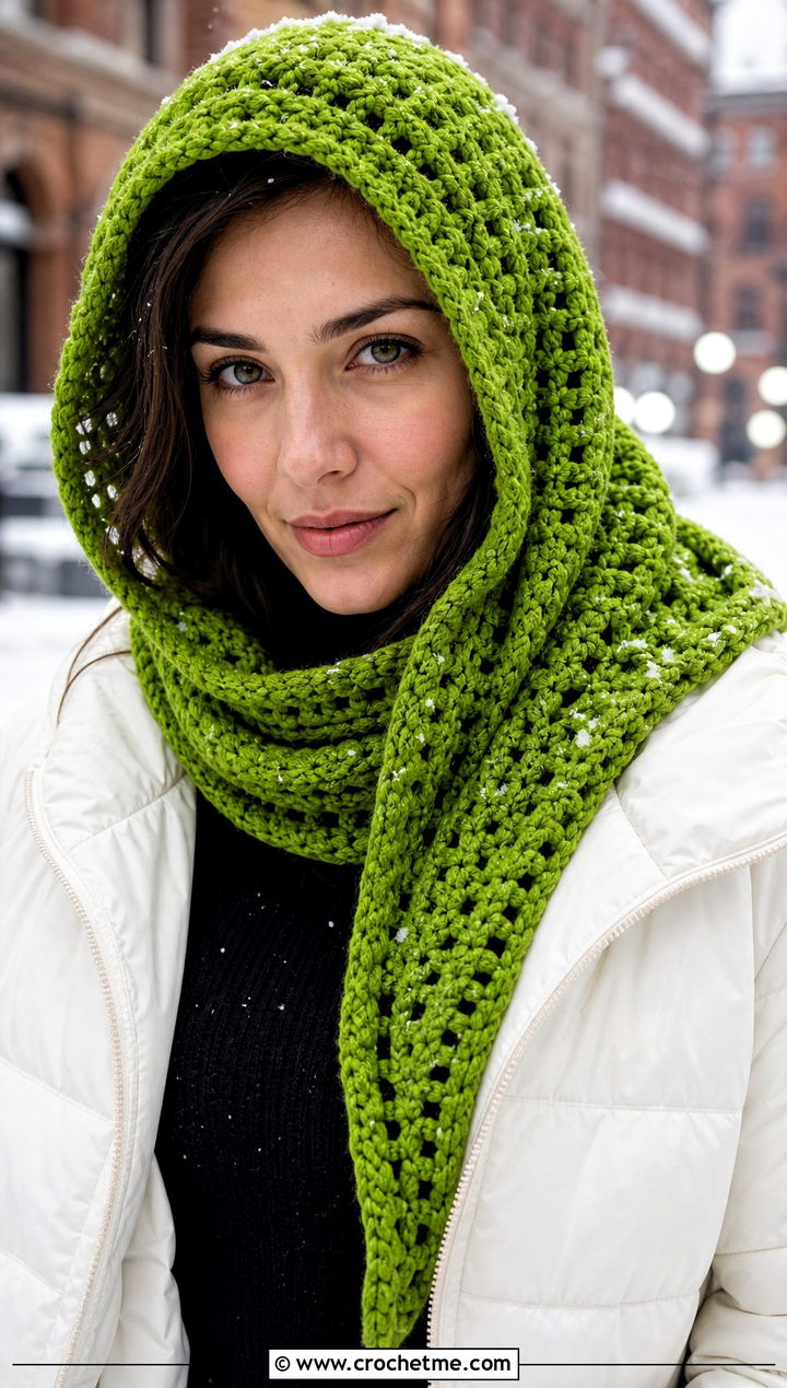 Hooded Crochet Winter Shawl With Puffer Jacket - 15 Crochet Winter Shawl outfit ideas