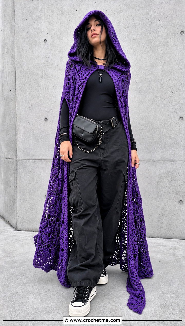 Hooded Crochet Witch Cape With Cargo Pants - 30 crochet witch costume outfit ideas