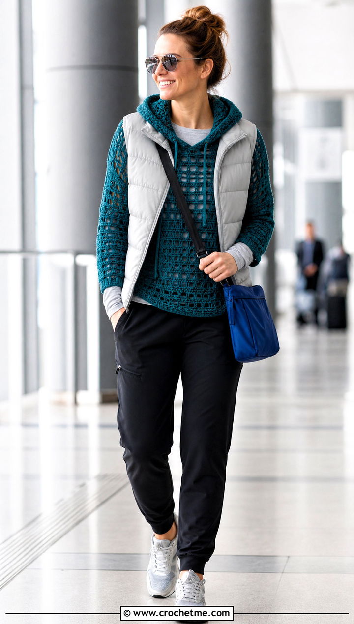Hooded Crochet Wool Top With Track Pants - 35 crochet wool top outfit ideas