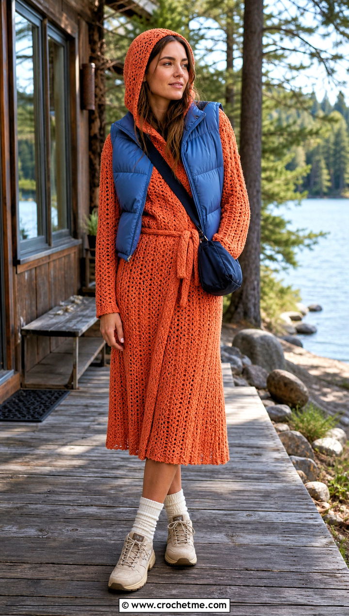 Hooded Crochet Wrap Dress With Puffer Vest - 35 crochet wrap dress outfit ideas