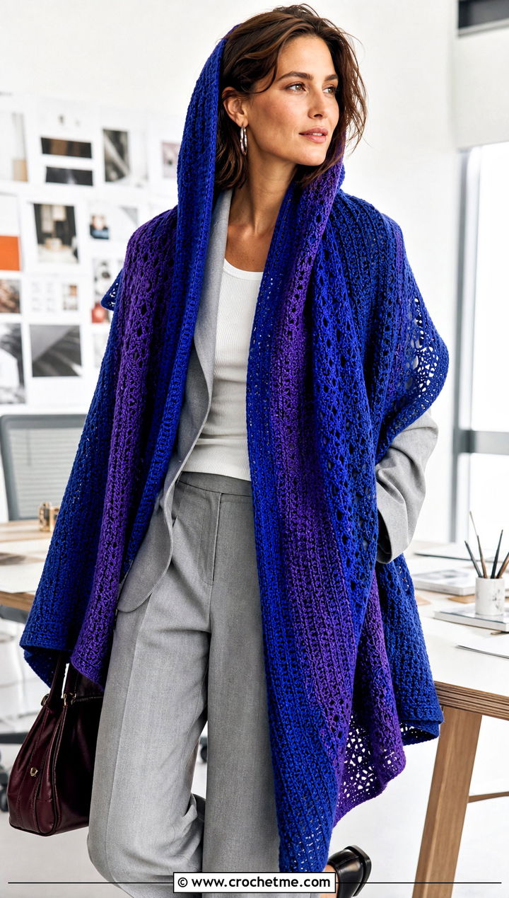 Hooded Crochet Wrap Scarf With Tailored Suit Outfit - 30 crochet scarf with hood outfit ideas