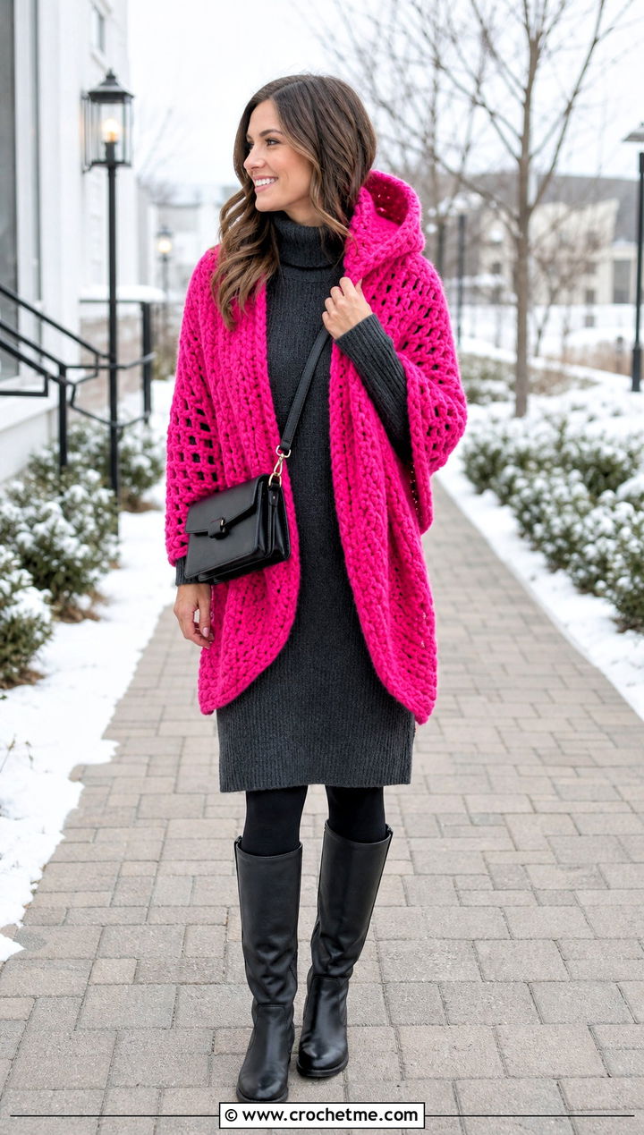 Hooded Crochet Wrap Shawl With Sweater Dress - 35 crochet wrap shawl outfit ideas