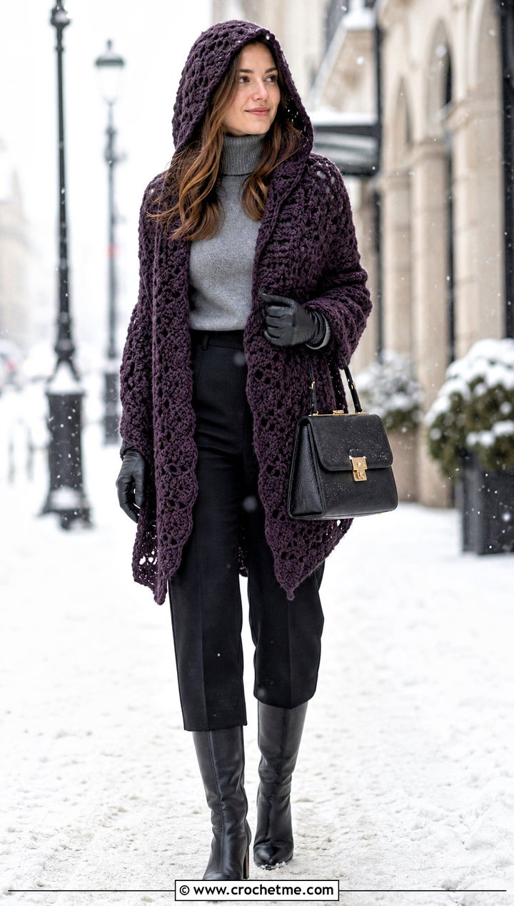 Hooded Crochet Wrap With A Turtleneck And Boots - 15 Beginner Crochet Wrap outfit ideas