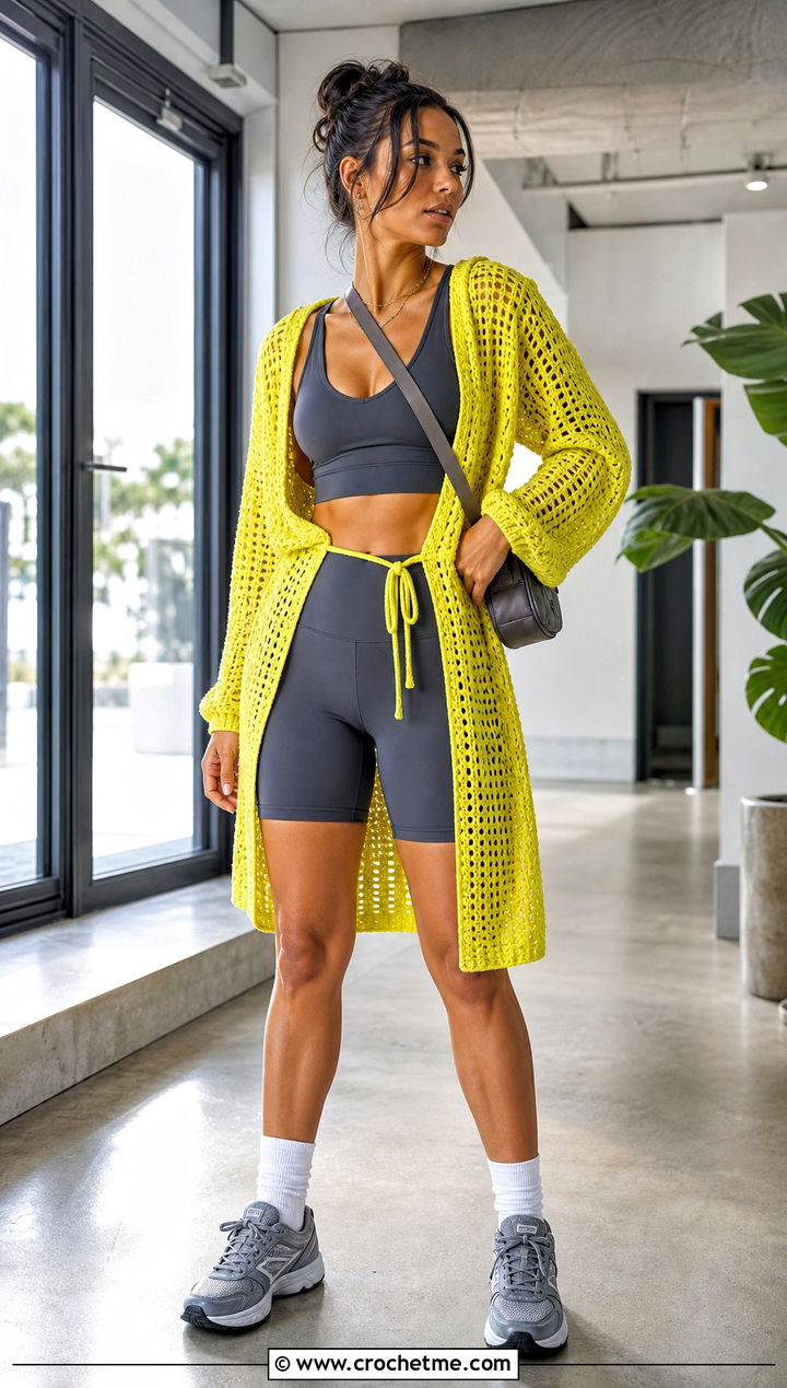 Hooded Crochet Wrap With Bike Shorts - 30 crochet summer wrap outfit ideas