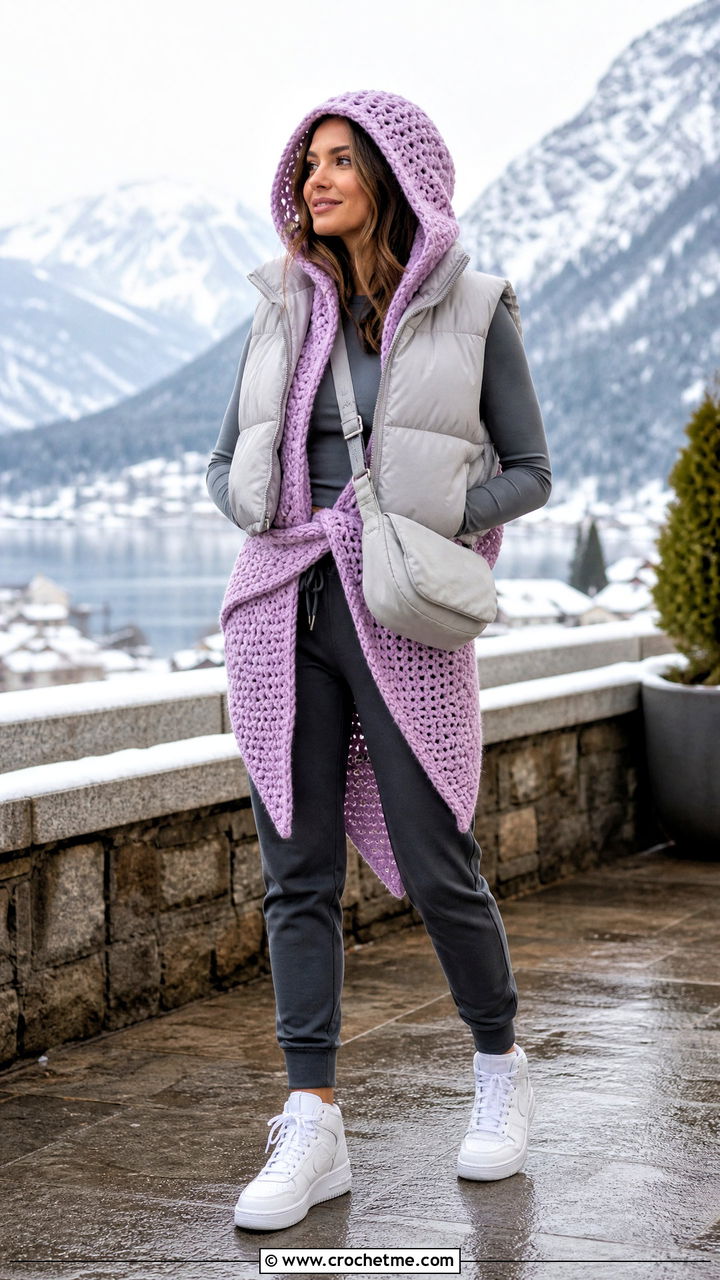 Hooded Crochet Wrap With Joggers And Puffer Vest - 35 crochet wrap outfit ideas