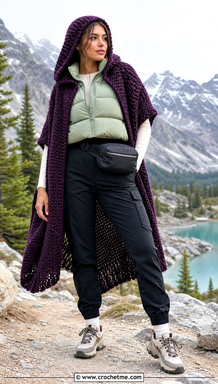 Hooded Crochet Wrap With Puffer Vest And Cargo Pants - 15 Crochet Wraps outfit ideas