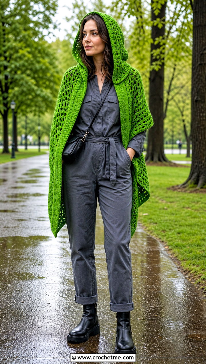 Hooded Crochet Wrap With Utility Jumpsuit And Boots - 15 Crochet Spring Wrap outfit ideas