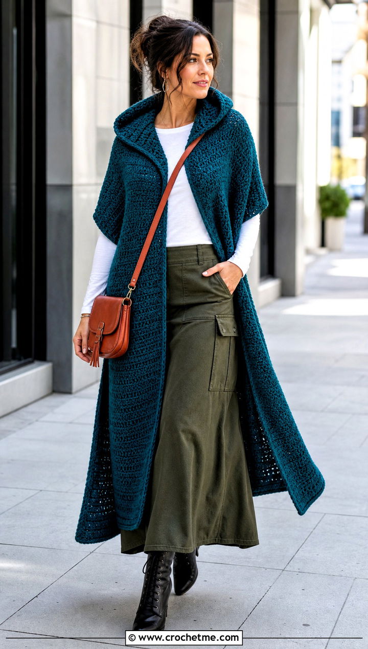 Hooded Crochet Wrap With Utility Maxi Skirt - 25 beautiful crochet shawls and wraps outfit ideas