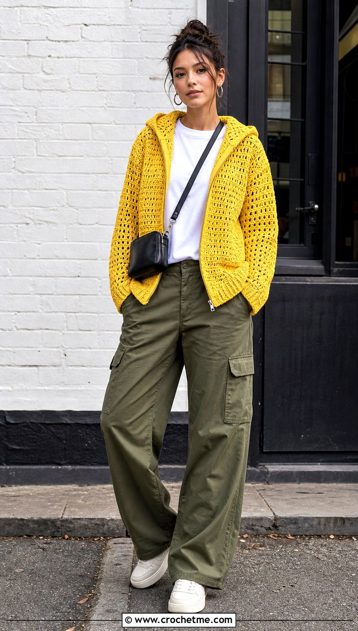 Hooded Crochet Zip Jacket With Cargo Pants - 25 crochet jacket with zipper outfit ideas