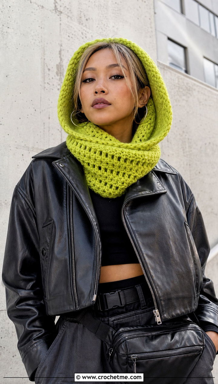 Hooded Crocheted Cowl With Leather Jacket And Cargo Pants - 25 Crocheted Cowl outfit ideas