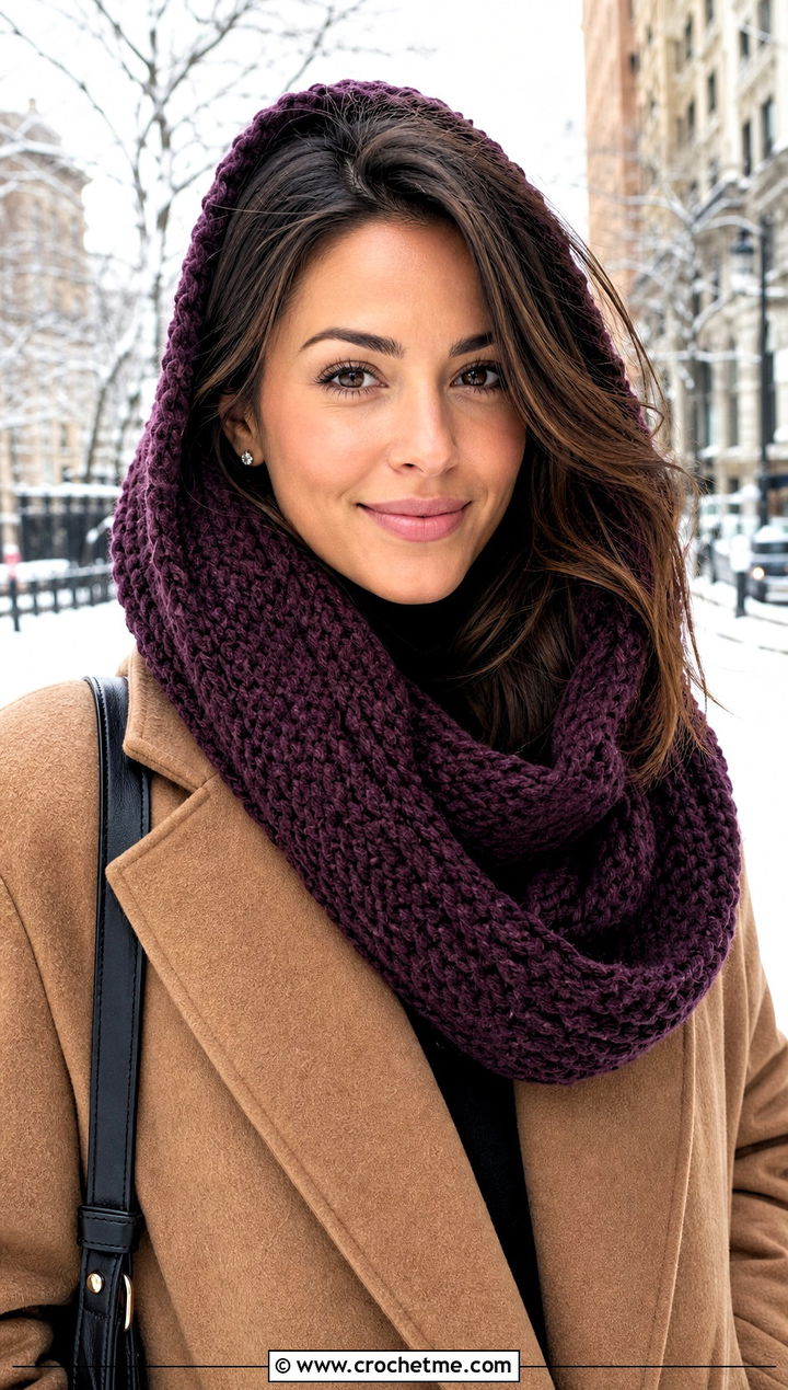 Hooded Crocheted Infinity Scarf With Wool Coat and Knee Boots - 15 Easy Crocheted Infinity Scarf outfit ideas