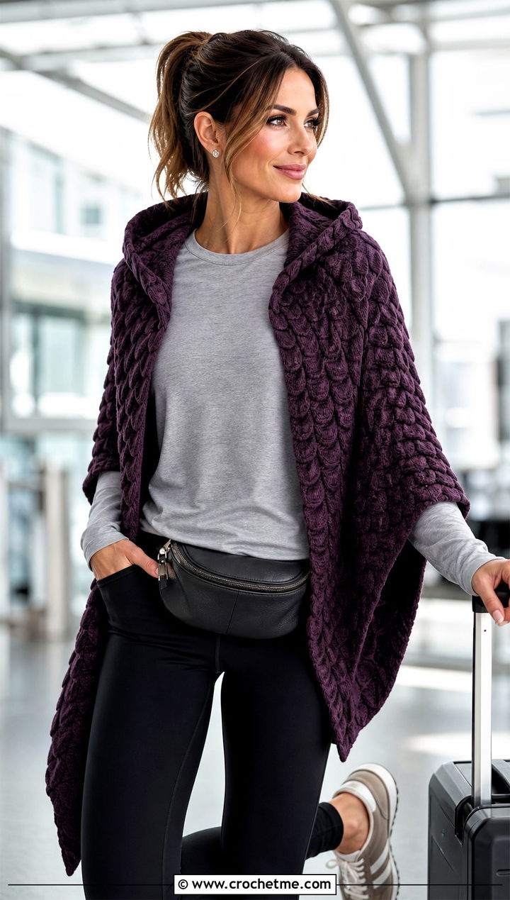 Hooded Crocodile Stitch Shawl With Leggings And Sneakers - 15 crocodile stitch crochet shawl outfit ideas