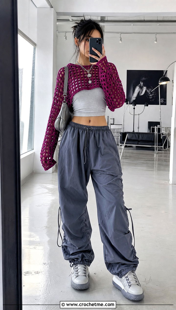 Hooded Crop Crochet Sweater With Parachute Pants - 15 hollow out crop crochet sweater outfit ideas