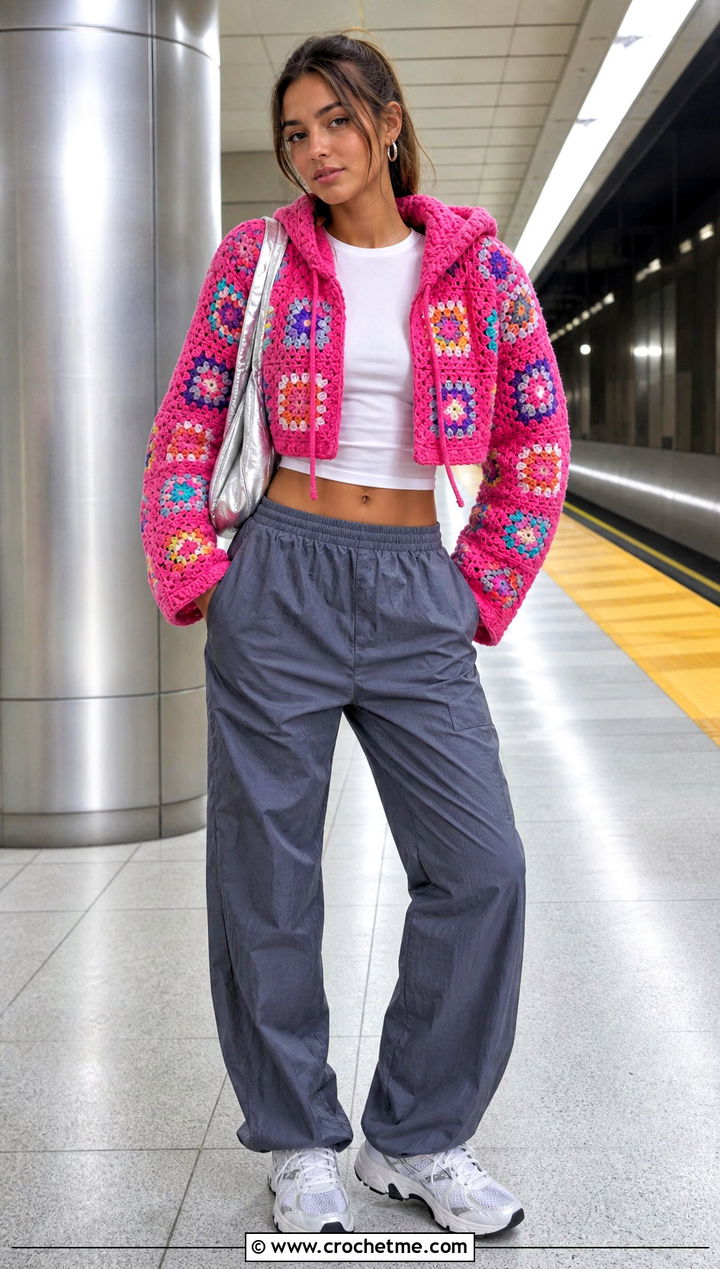 Hooded Cropped Granny Square Cardigan With Parachute Pants - 20 Cropped Granny Square Cardigan outfit ideas