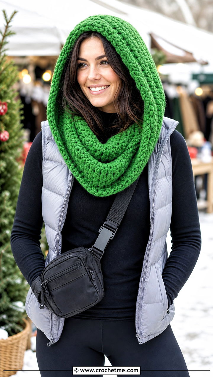 Hooded Crossbody Crochet Cowl With Puffer Vest And Leggings - 15 Crossbody Crochet Cowl outfit ideas