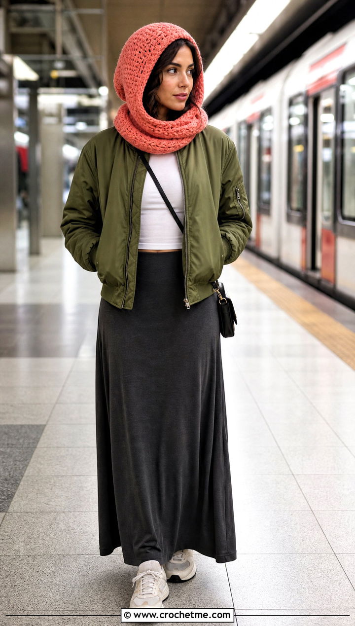 Hooded Crossed Half Double Crochet Hat With Bomber Jacket - 15 crossed half double crochet hat outfit ideas