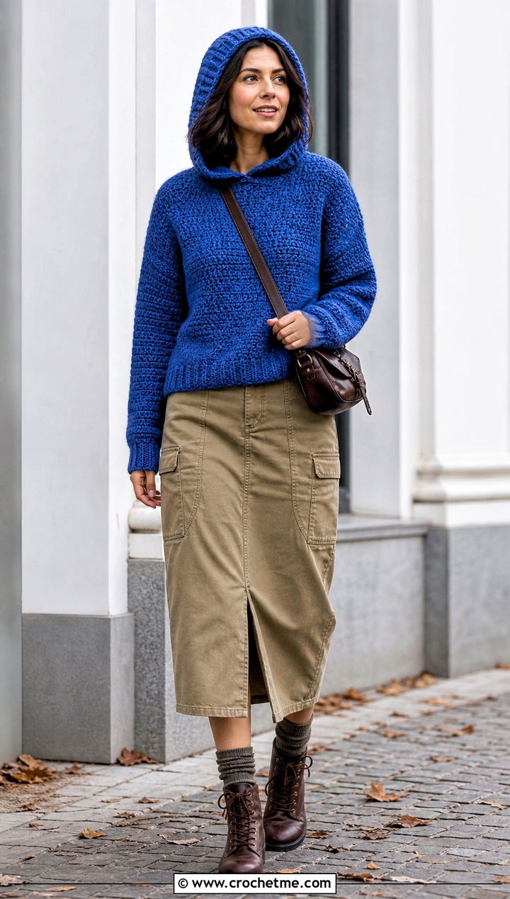 Hooded DK Weight Crochet Sweater With Utility Skirt - 25 Dk Weight Crochet Sweater outfit ideas