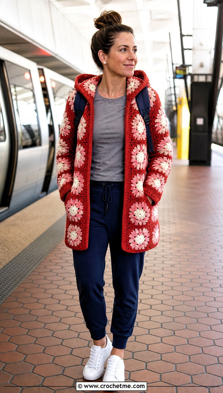 Hooded Daisy Granny Square Cardigan With Joggers - 25 Daisy Granny Square Cardigan outfit ideas