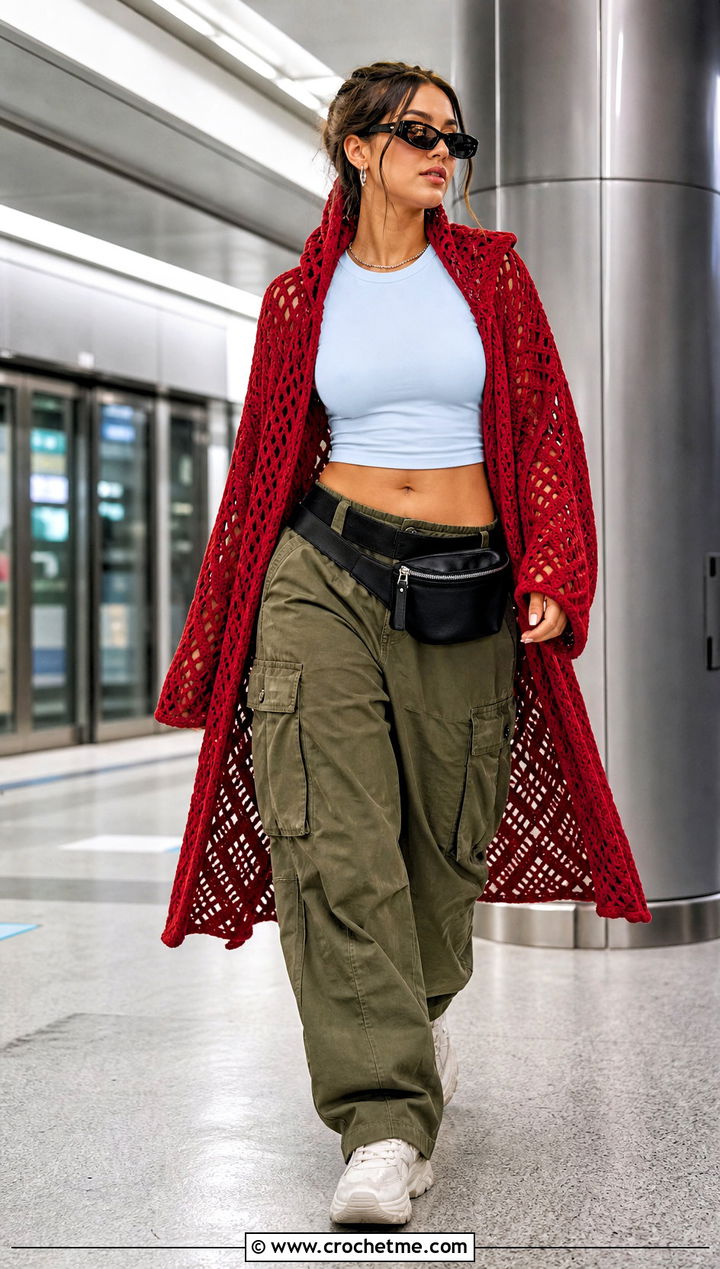 Hooded Diamond Crochet Cardigan With Cargo Pants - 30 diamond crochet cardigan outfit ideas