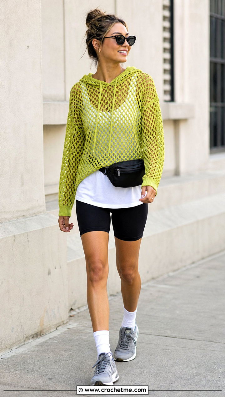 Hooded Diamond Mesh Stitch Crochet Top With Bike Shorts - 25 Diamond Mesh Stitch Crochet Top outfit ideas