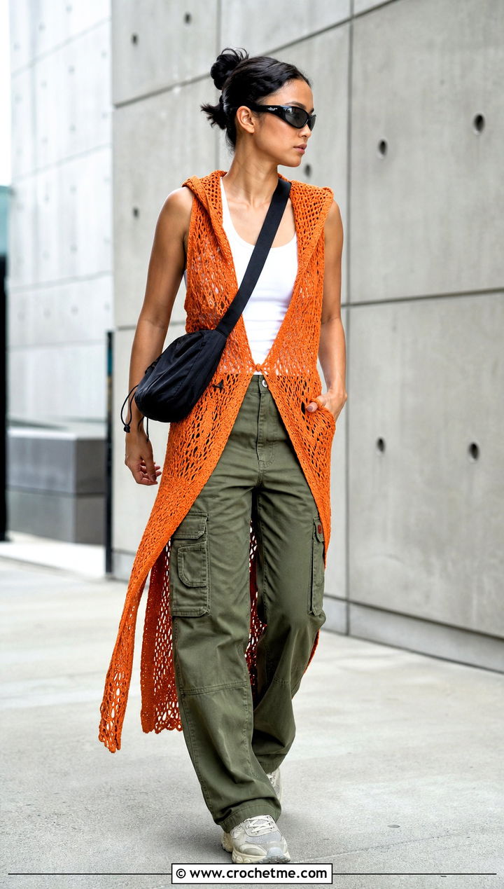 Hooded Distressed Crochet Dress With Cargo Pants - 25 Distressed Crochet Dress outfit ideas