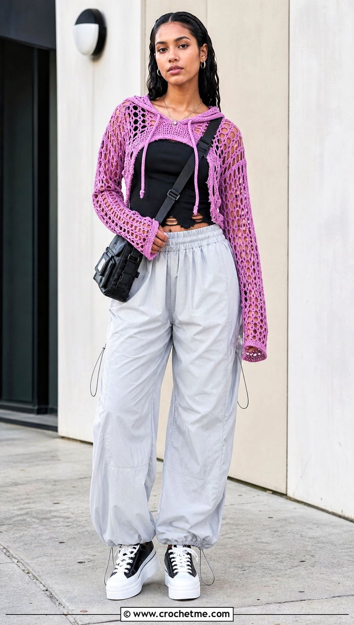 Hooded Distressed Crochet Top With Parachute Pants - 25 Ripped Crochet Top outfit ideas