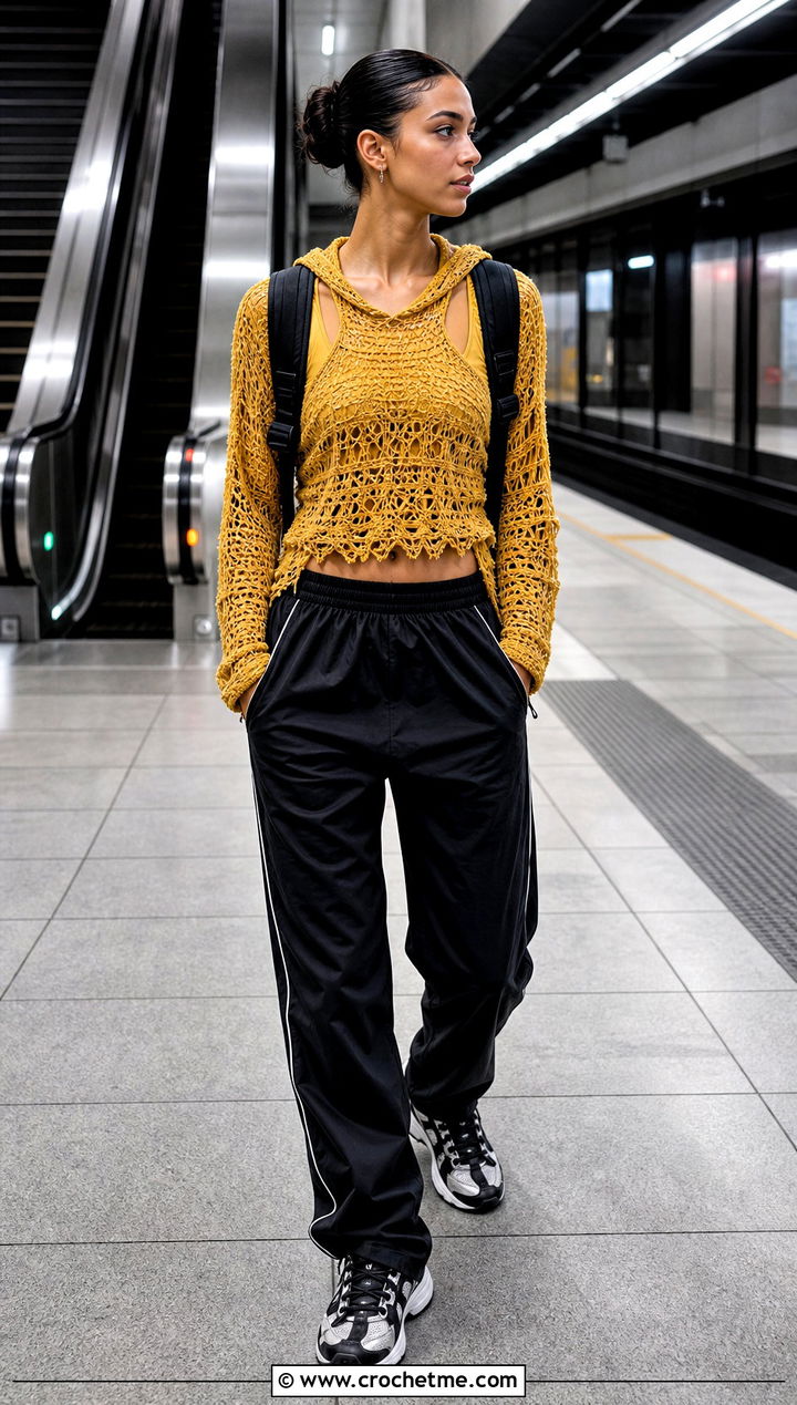 Hooded Distressed Crochet Top With Track Pants - 35 Distressed Crochet Top outfit ideas