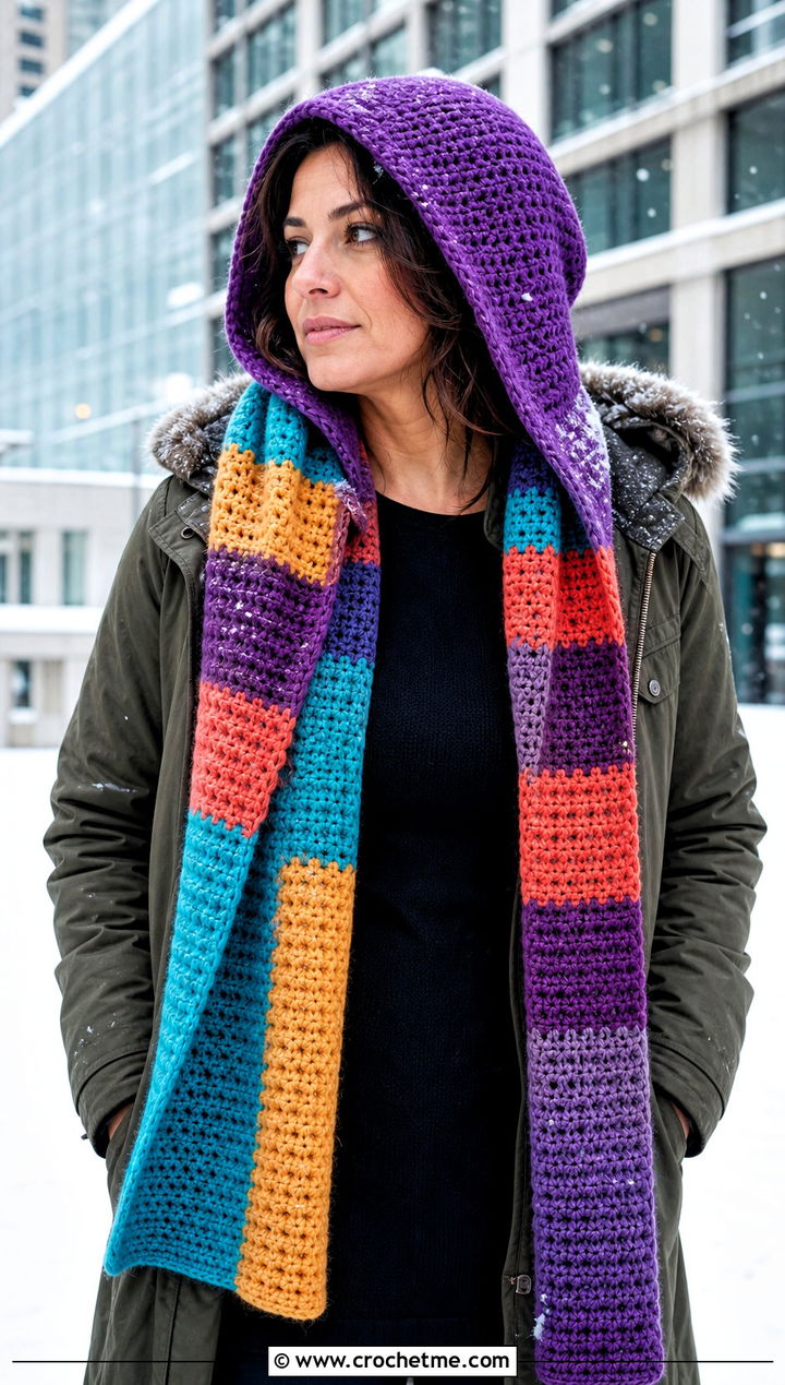 Hooded Doctor Who Crochet Scarf With Parka And Wide Leg Jeans - 25 Doctor Who Crochet Scarf outfit ideas
