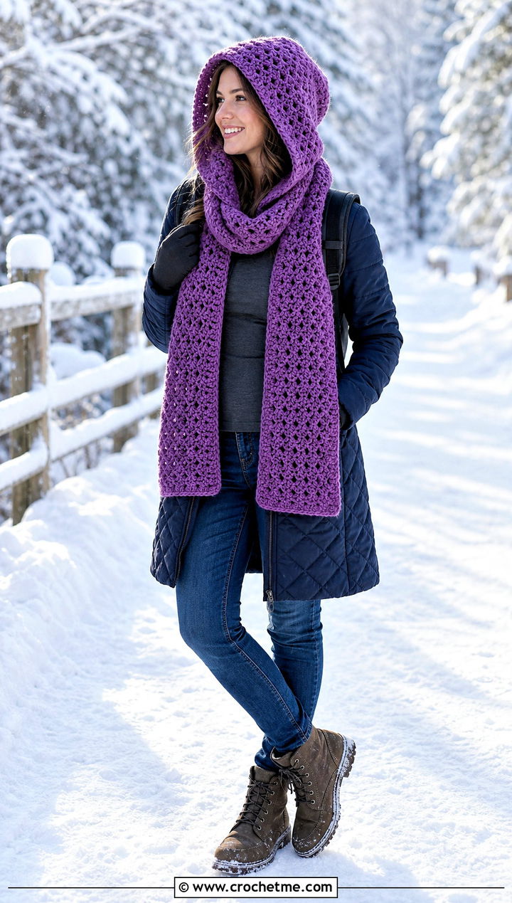Hooded Double Crochet Scarf With Quilted Coat And Winter Boots - 35 double crochet scarf outfit ideas