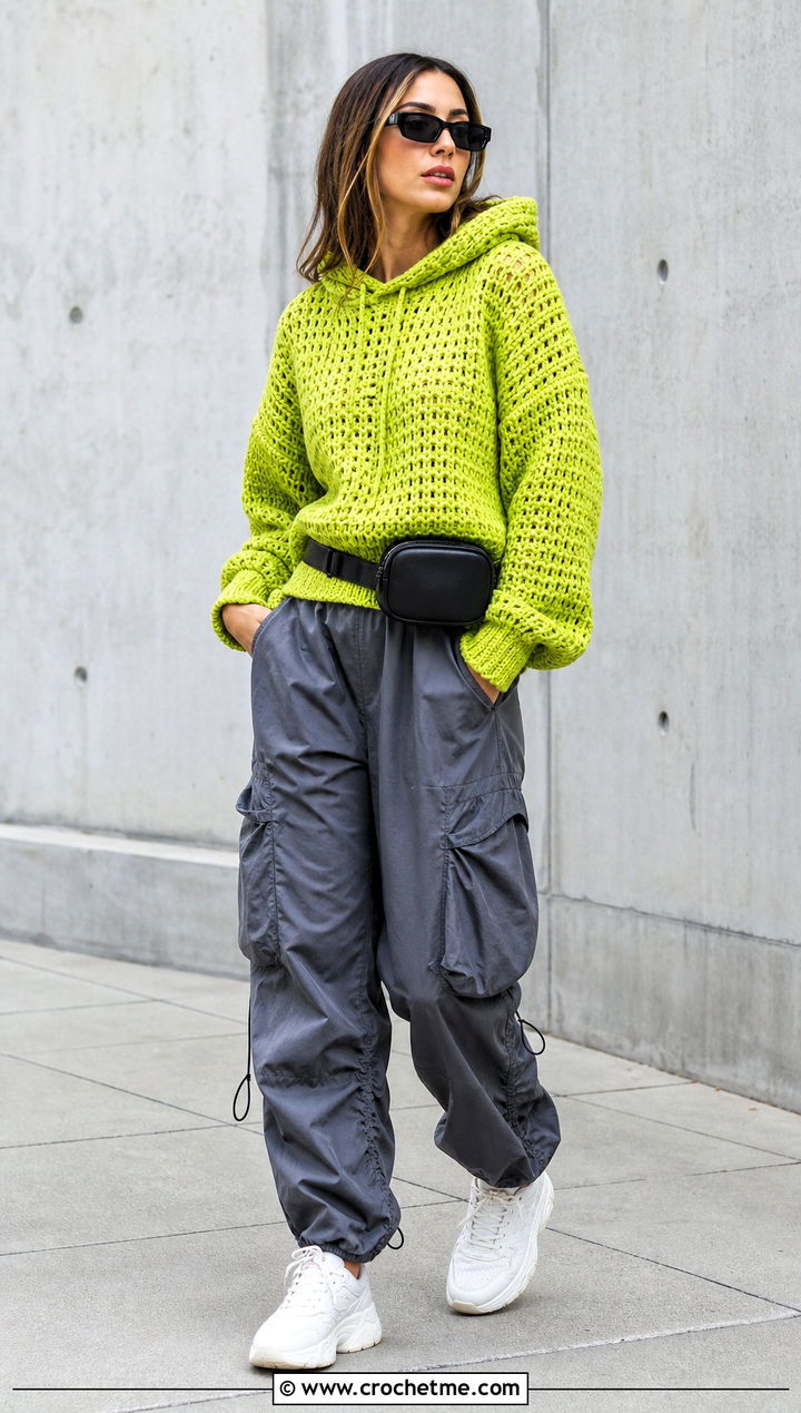Hooded Double Crochet Sweater With Cargo Pants - 35 double crochet sweater outfit ideas