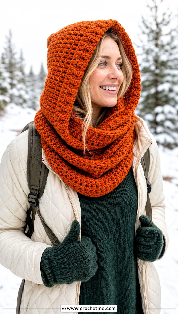 Hooded Double Length Crochet Cowl With Quilted Jacket - 15 Double Length Crochet Cowl outfit ideas