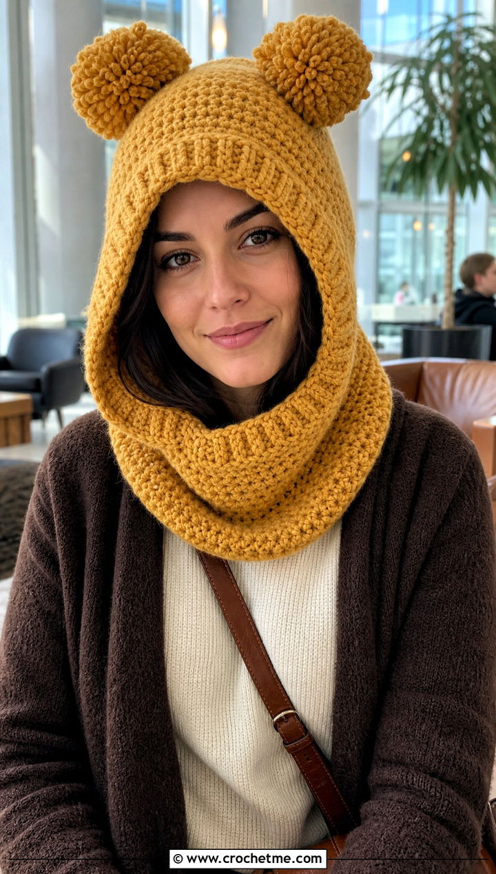 Hooded Double Pompom Crochet Hat With Long Cardigan - 25 Double Pompom Crochet Hat outfit ideas