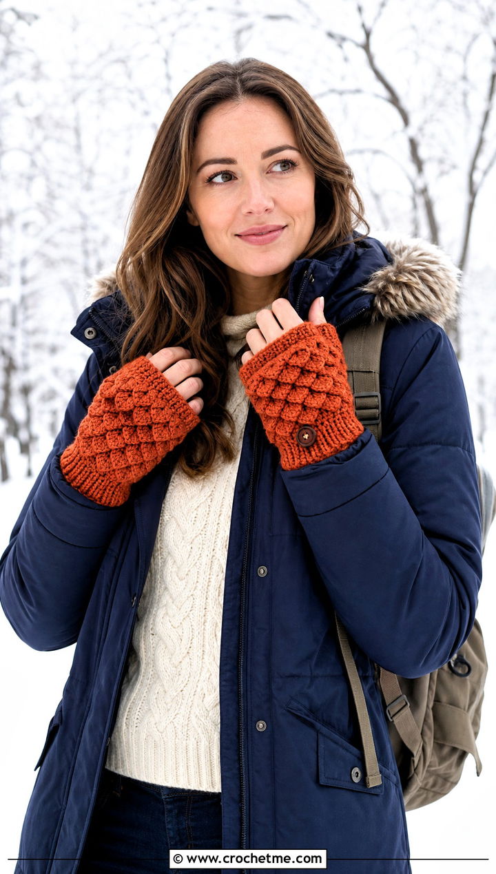 Hooded Dragon Scale Mitts With Parka - 30 dragon scale crochet gloves outfit ideas