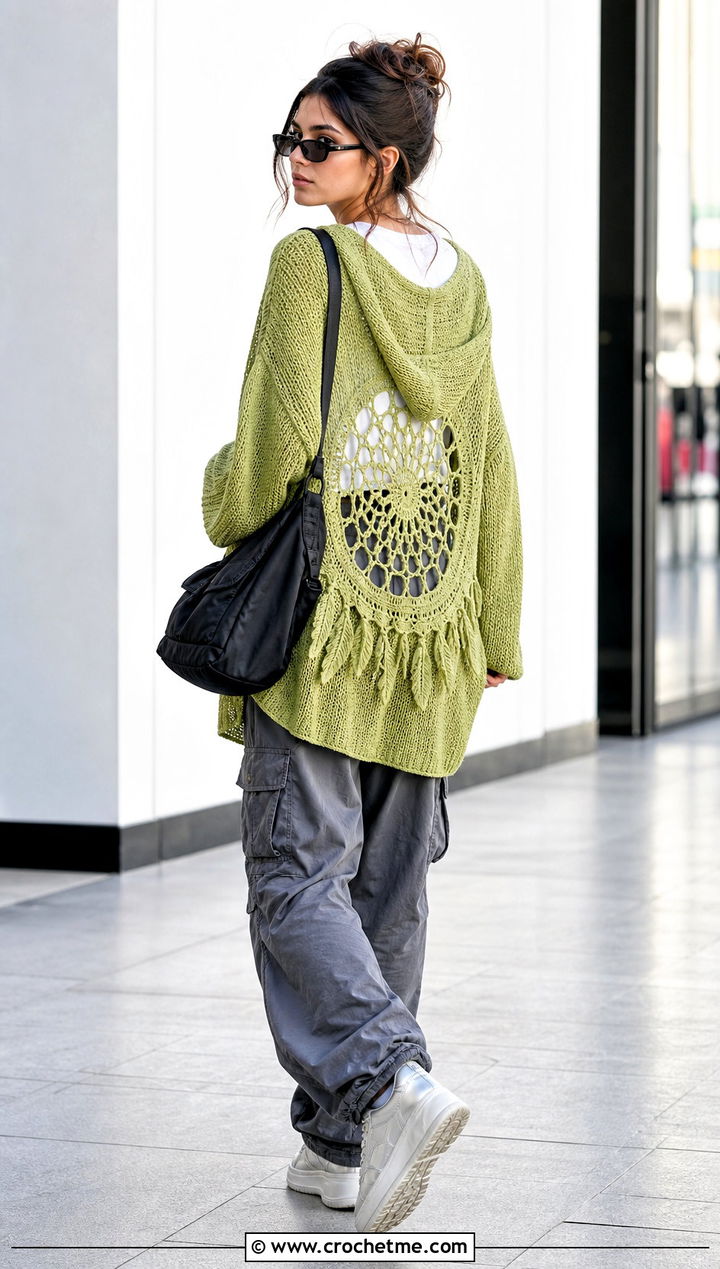 Hooded Dream Catcher Cardigan With Cargo Pants - 25 dream catcher crochet cardigan outfit ideas