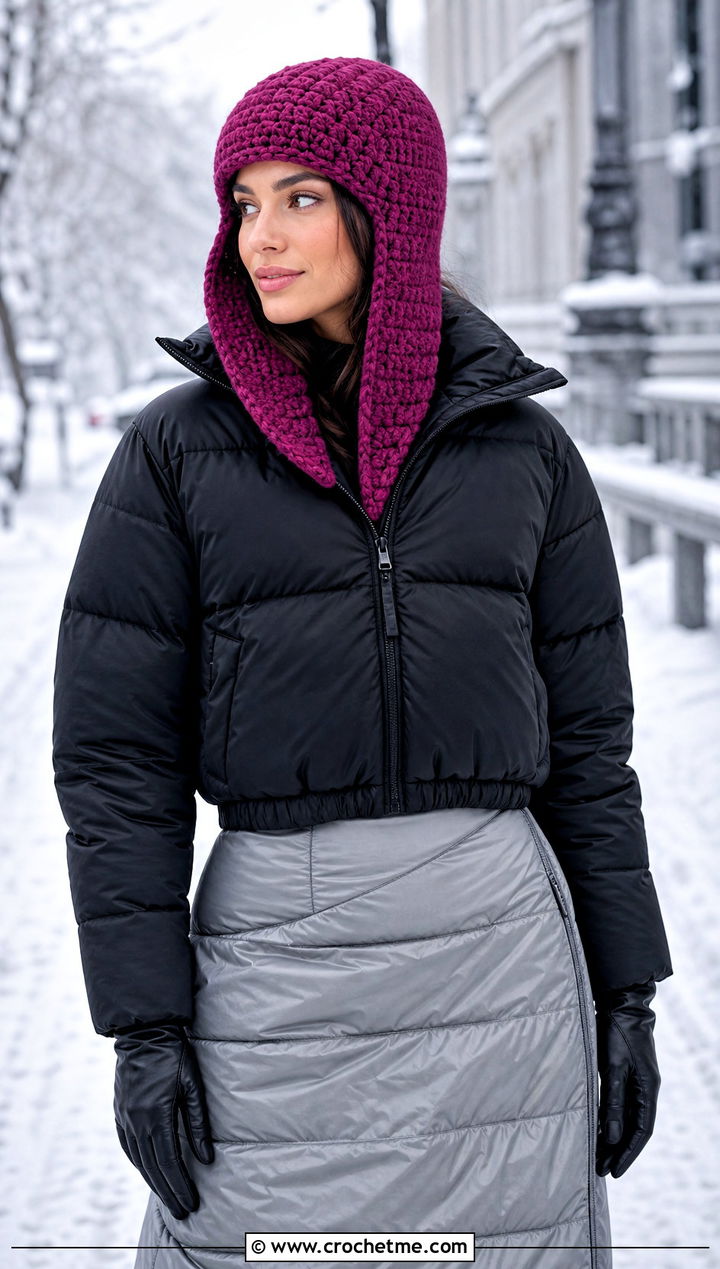 Hooded Earflap Crochet Russian Hat With Puffer Skirt - 35 crochet russian hat outfit ideas