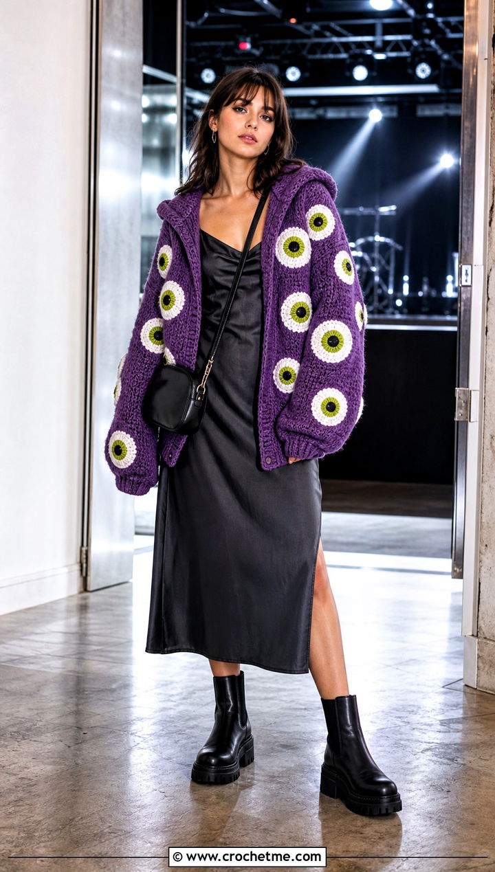 Hooded Eyeball Cardigan With Slip Dress - 15 Crochet Eyeball Cardigan outfit ideas