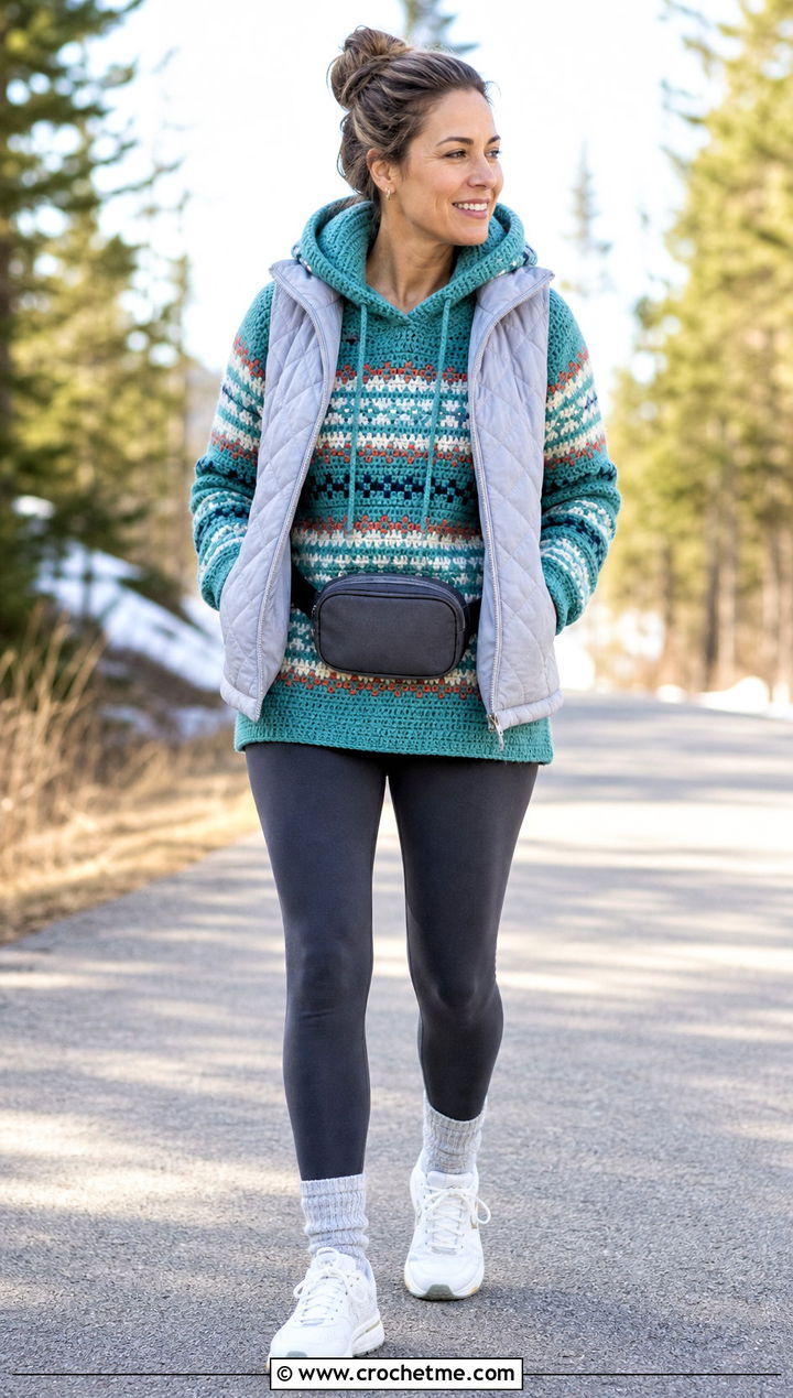 Hooded Fair Isle Crochet Sweater With Leggings - 25 fair isle crochet sweater outfit ideas