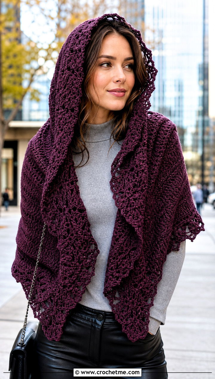 Hooded Fall River Crochet Shawl With Faux Leather Pants - 25 Fall River Crochet Shawl outfit ideas