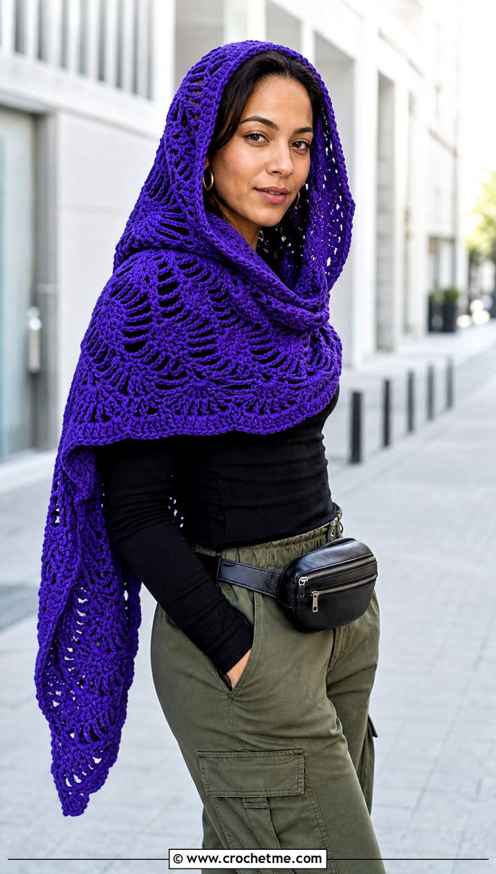 Hooded Fan Stitch Shawl With Cargo Pants - 20 Crochet Fan Stitch Shawl outfit ideas