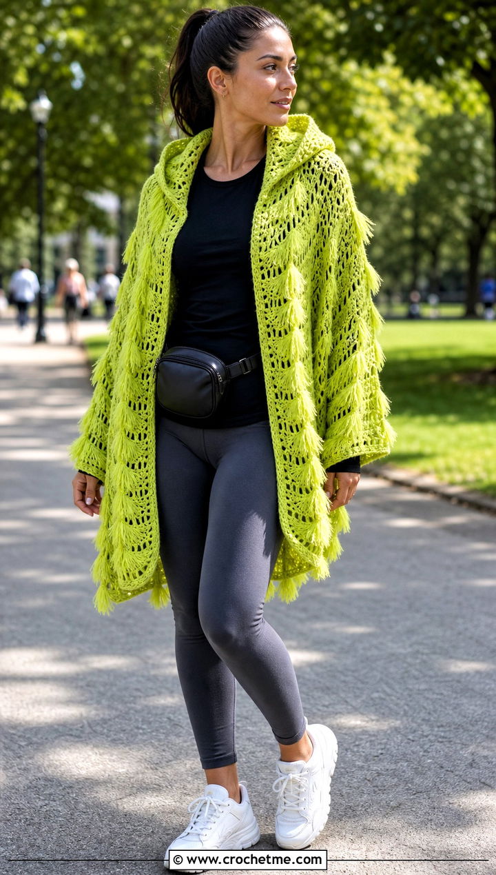 Hooded Feather Crochet Shawl With Leggings - 30 crochet feather shawl outfit ideas