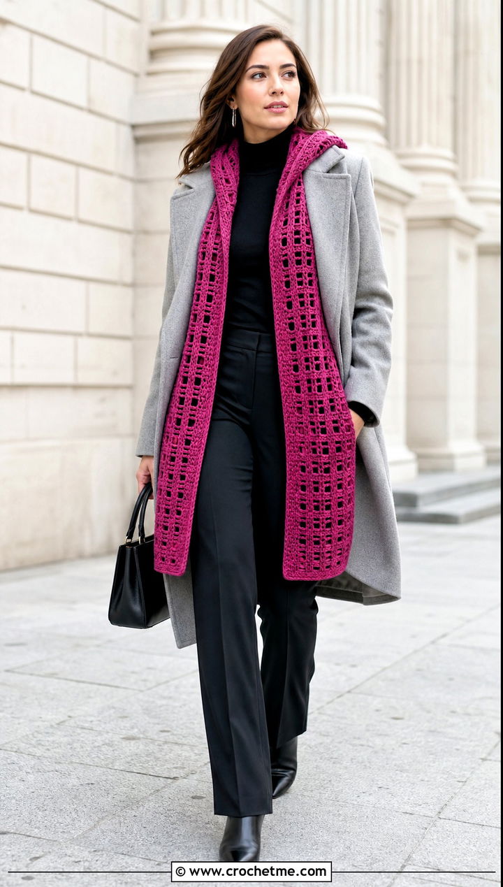 Hooded Filet Crochet Scarf With A Turtleneck And Wool Coat - 35 filet crochet scarf outfit ideas
